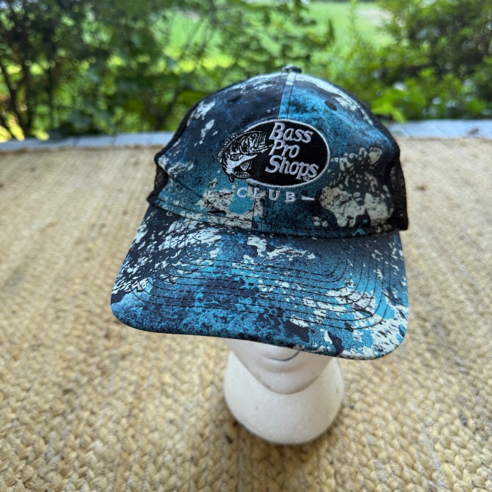 Bass Pro Shops Club Trucker Hat Blue Black Splatter Camo Mesh Snapback Cap